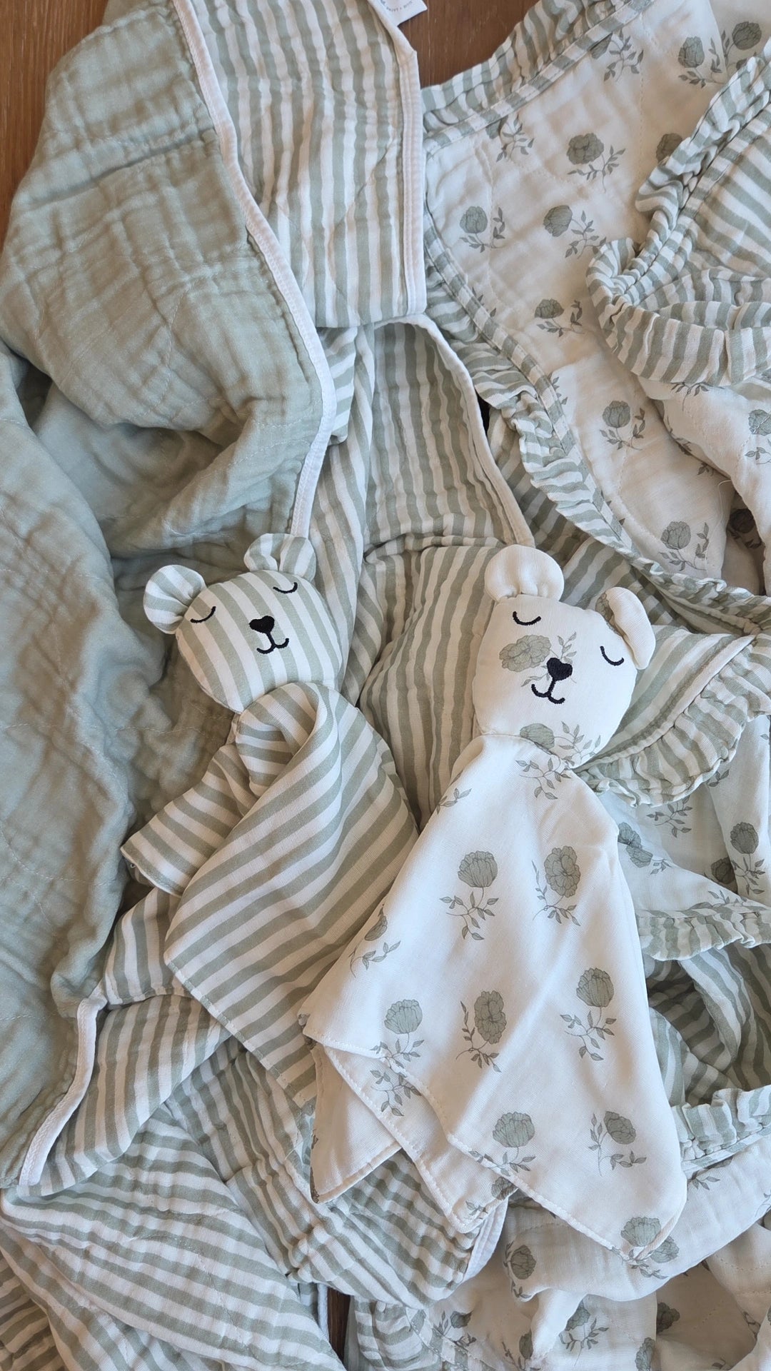 Ellis Green Stripe Quilt Blanket + Bear Lovey SET