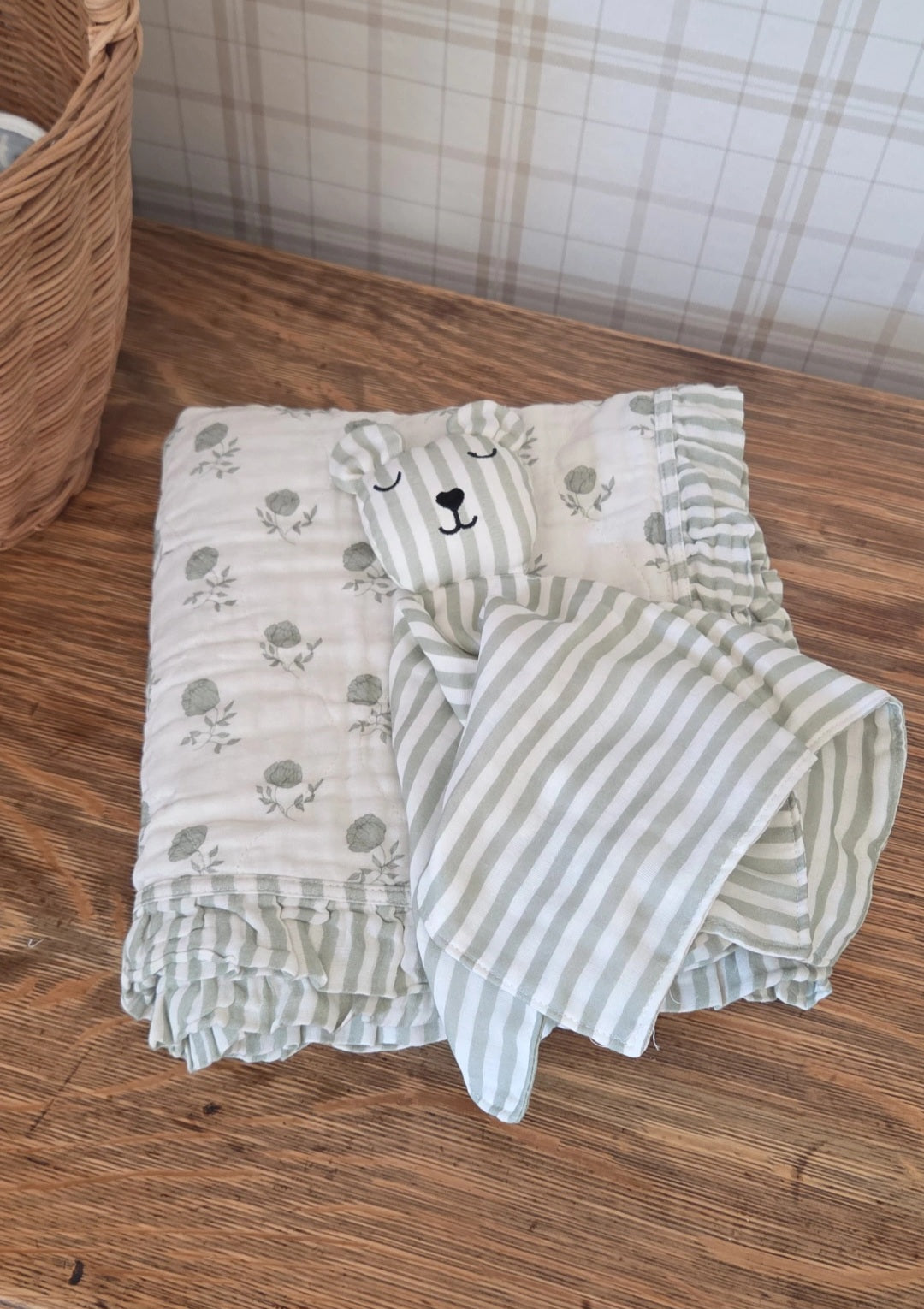 Elle Green Floral Ruffle Quilt Blanket + Bear Lovey SET