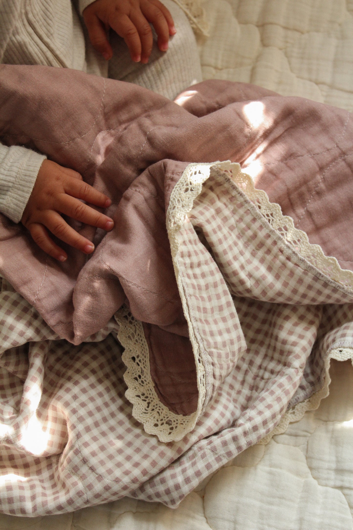 Mauve Solids + Gingham Blanket + Bear Lovey SET