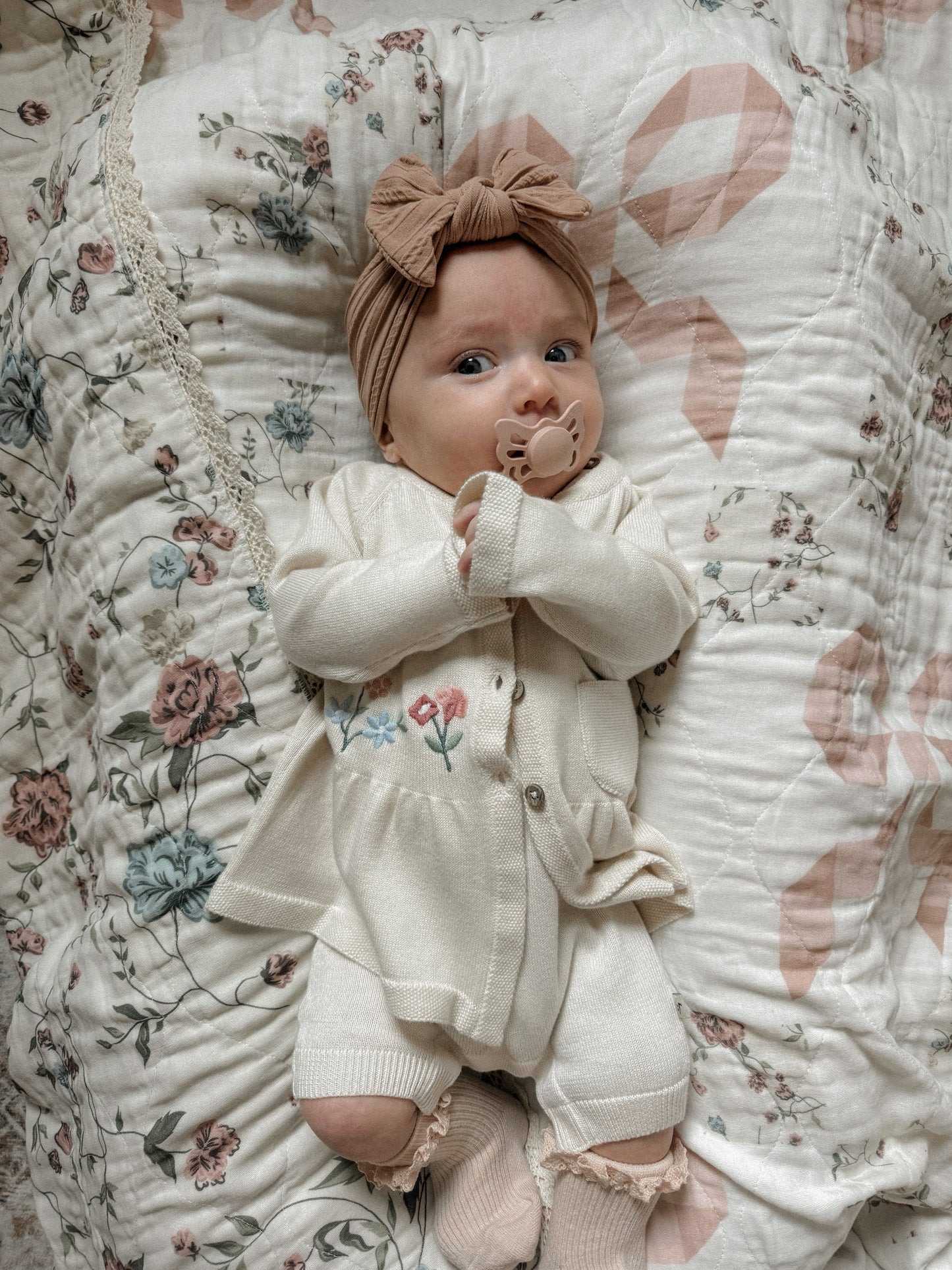 Bows and Florals Patchwork QUILTED 6 Layer Gauze Blanket