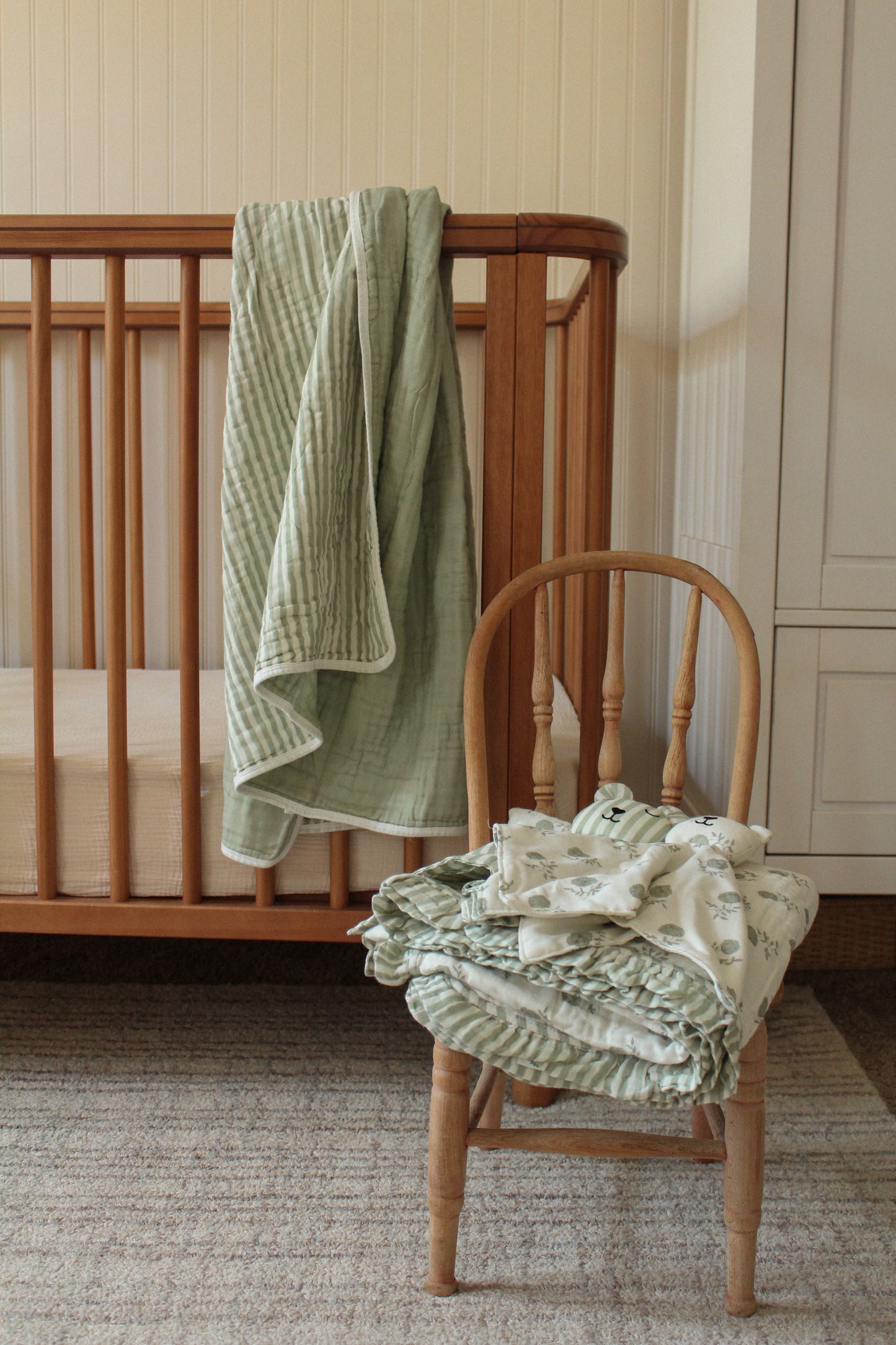 Ellis Green Stripe QUILTED 6 Layer Gauze Blanket