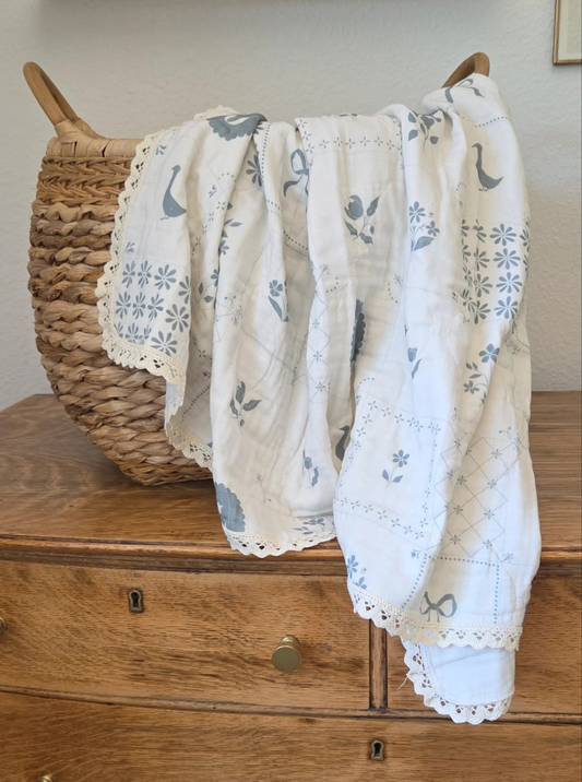 Delft Tile QUILTED 6 Layer Gauze Blanket