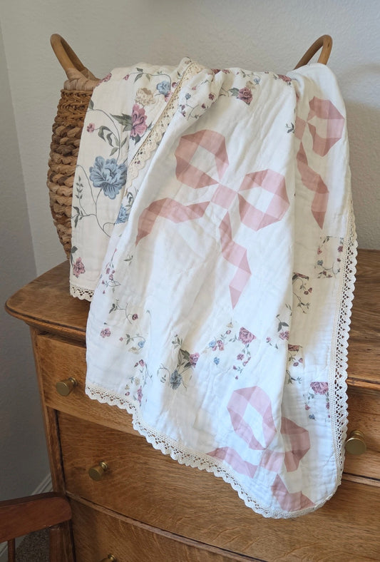 Bows and Florals Patchwork QUILTED 6 Layer Gauze Blanket