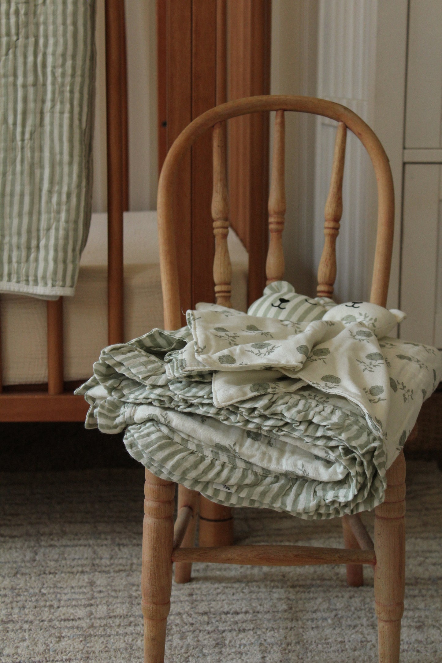 Elle Green Floral Ruffle Quilt Blanket + Bear Lovey SET