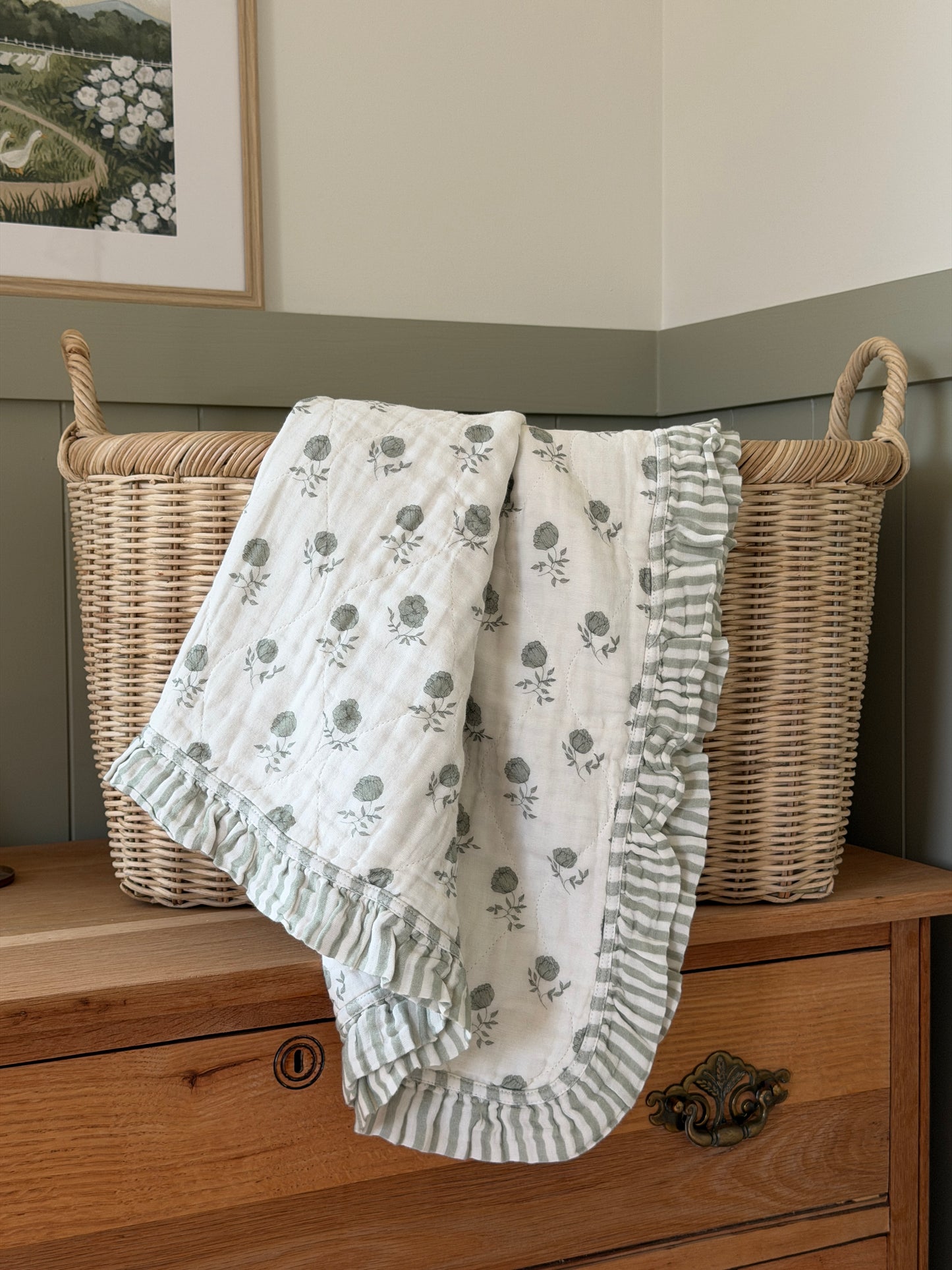 Elle Green Floral Ruffle Quilt Blanket + Bear Lovey SET