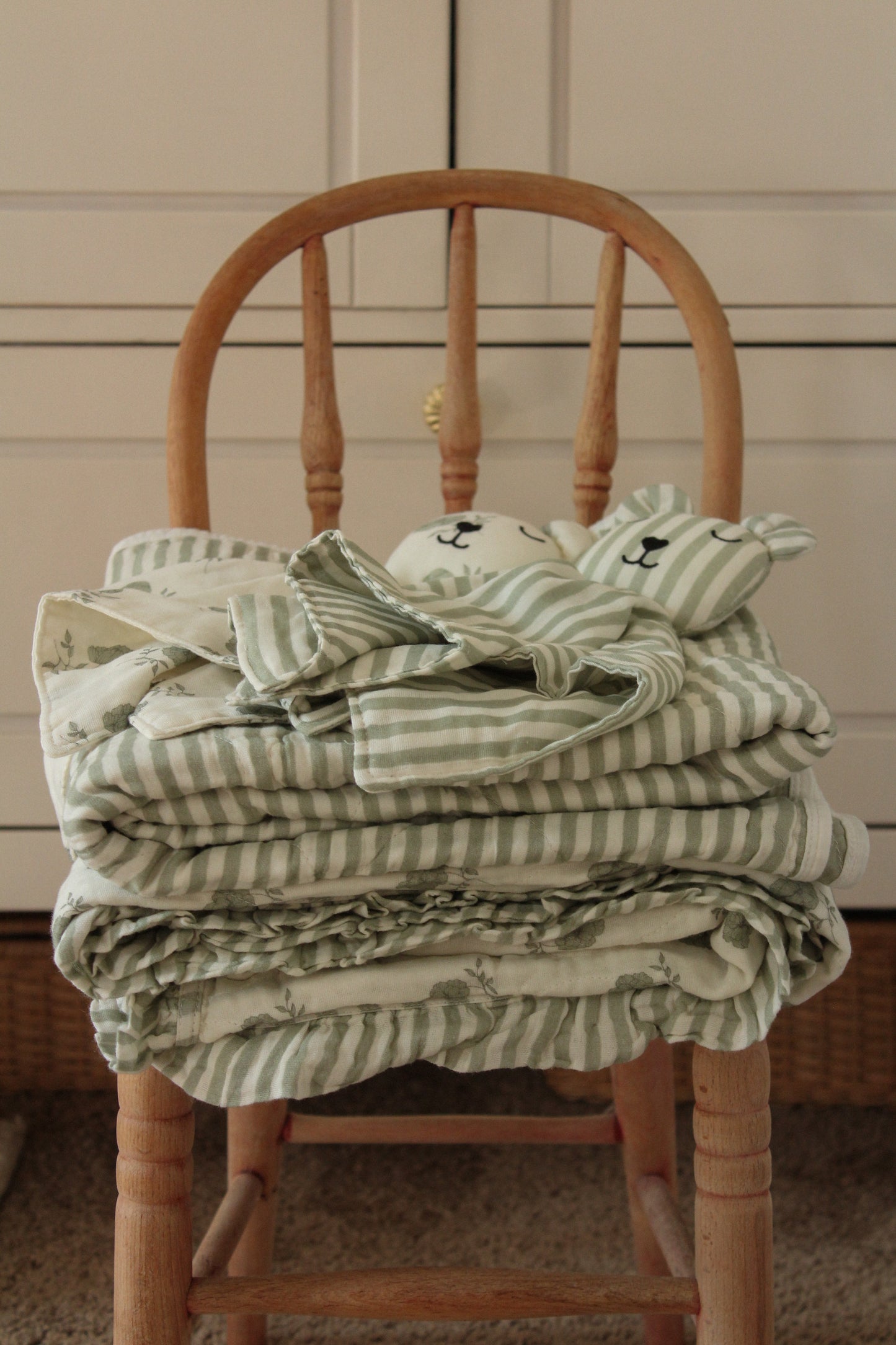 Elle Green Floral Ruffle Quilt Blanket + Bear Lovey SET