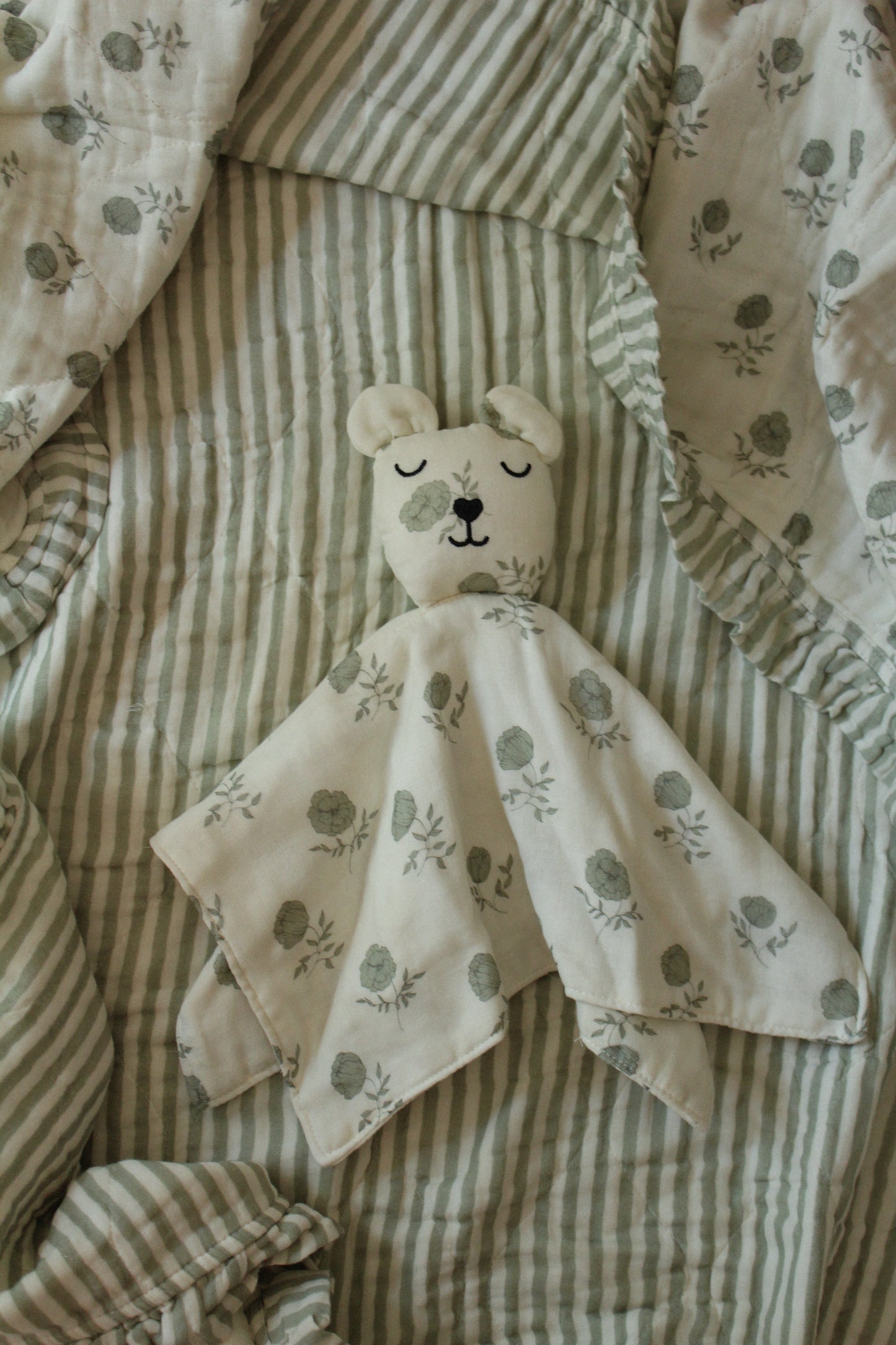 Elle Green Floral Ruffle Quilt Blanket + Bear Lovey SET