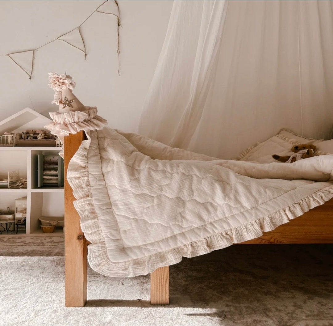 PREORDER-Blue Daisy Quilted Blanket in Cream Muslin with Ruffles