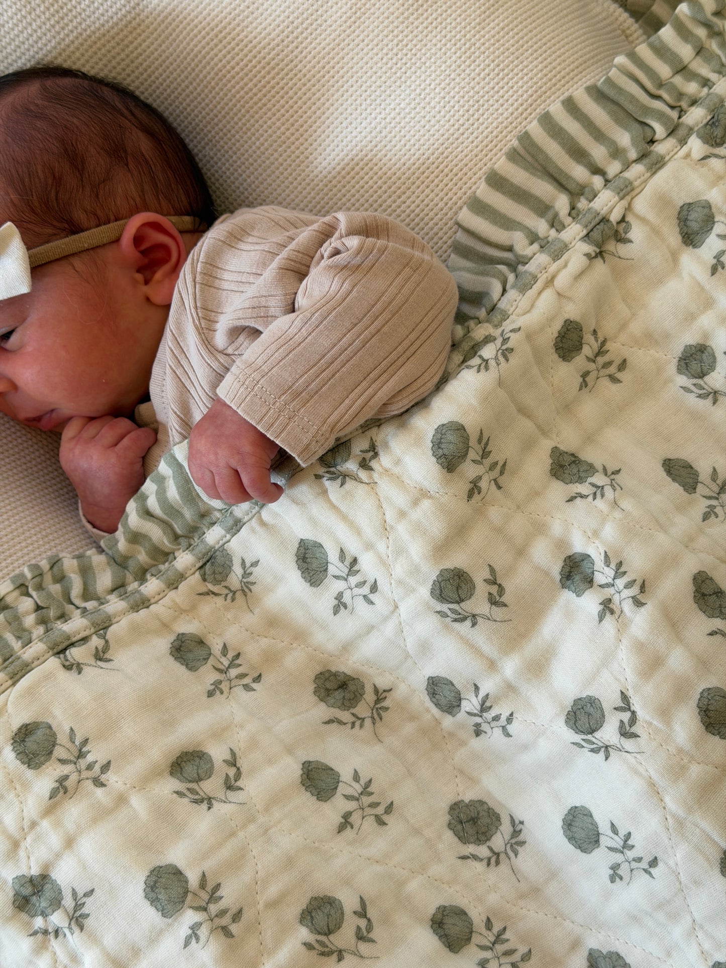Elle Green Floral Ruffle Quilt Blanket + Bear Lovey SET