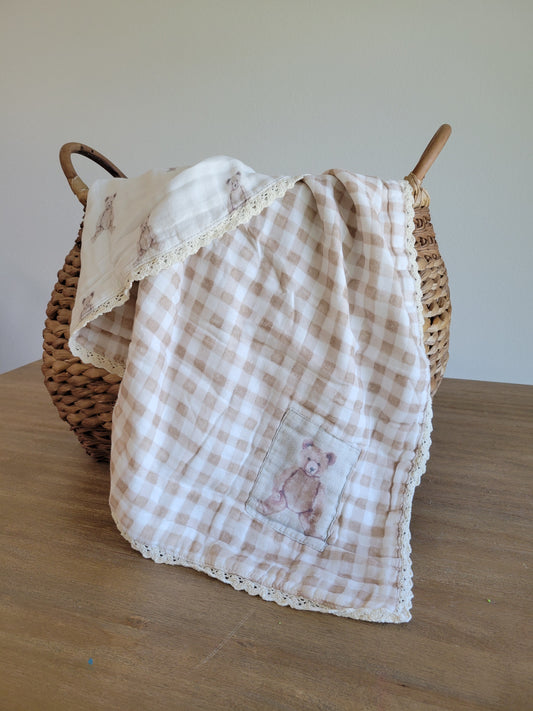 Teddy Bear Patch QUILTED 6 Layer Gauze Blanket