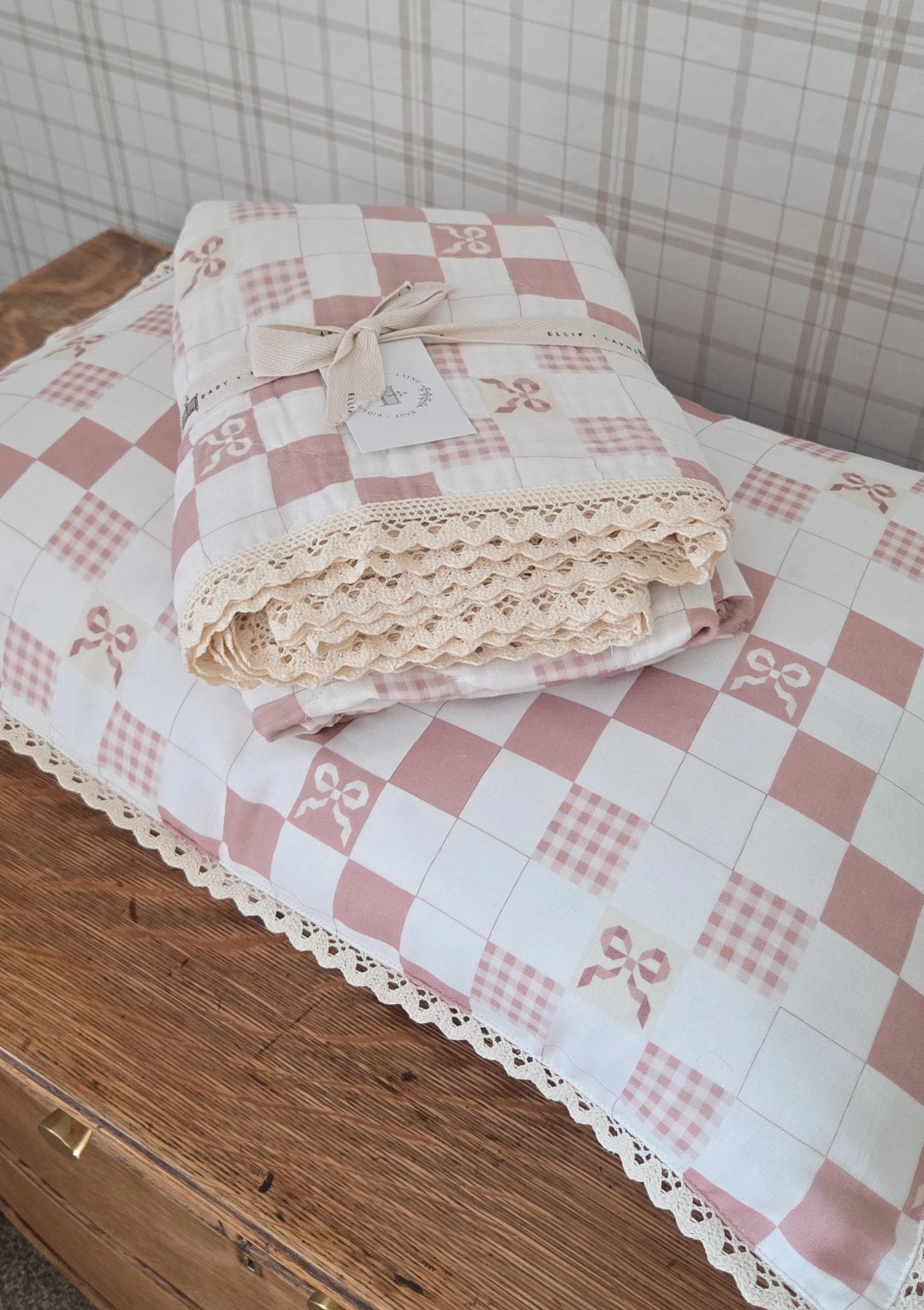 Big Kid Throw Blanket + Sham SET- Pink Bows and Gingham
