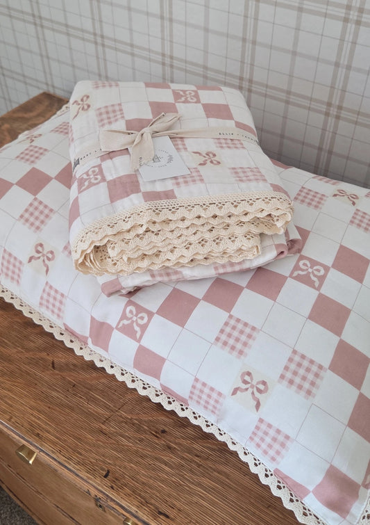 Big Kid Throw Blanket + Sham SET- Pink Bows and Gingham