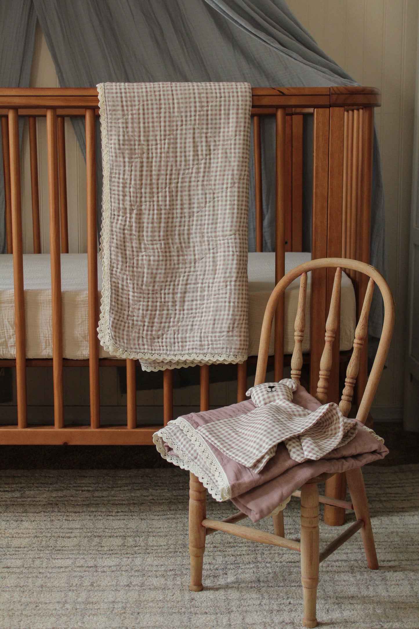 Mauve Solids + Gingham Blanket + Bear Lovey SET