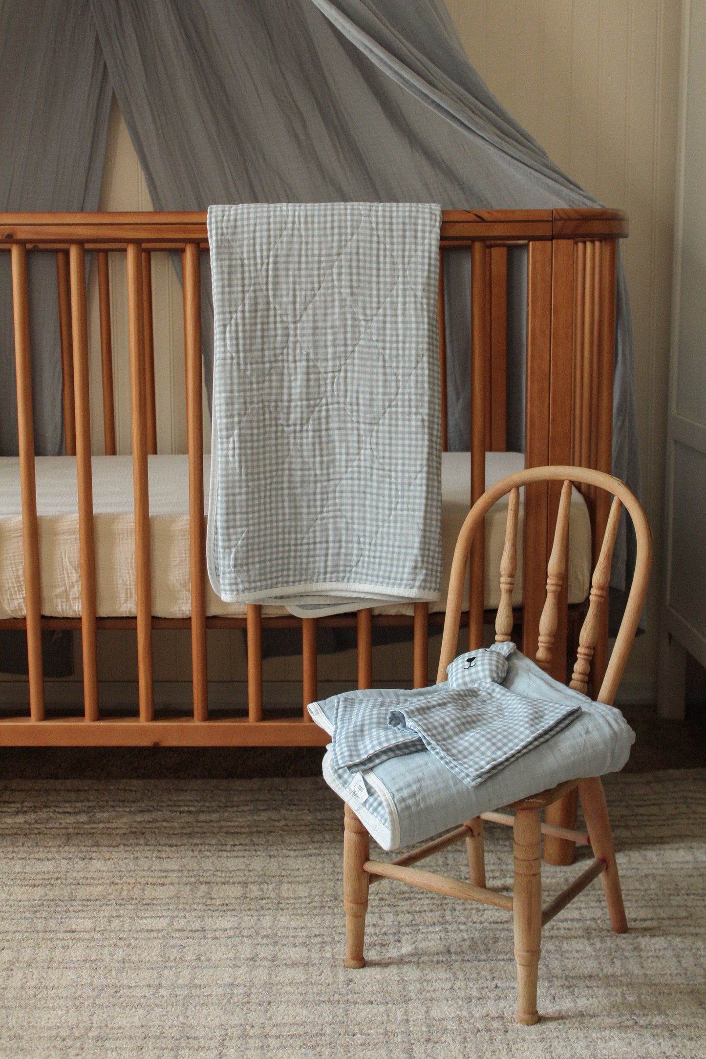 Dusty Blue Solids + Gingham Blanket + Bear Lovey SET