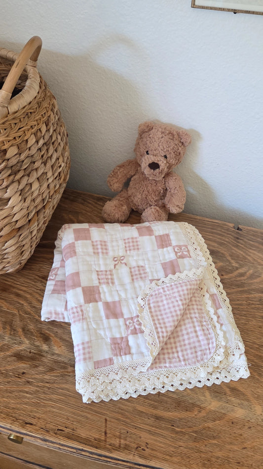 Pink Bows and Gingham QUILTED 6 Layer Gauze Blanket