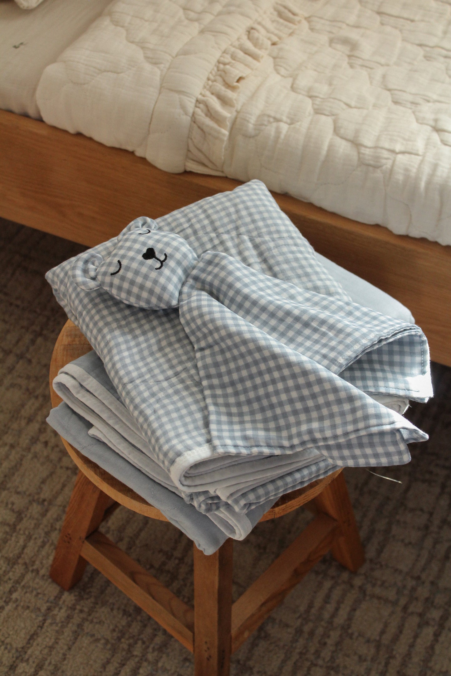 Dusty Blue Solids + Gingham Blanket + Bear Lovey SET