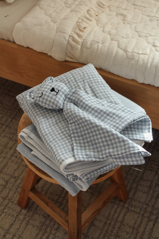 Dusty Blue Solids + Gingham Blanket + Bear Lovey SET