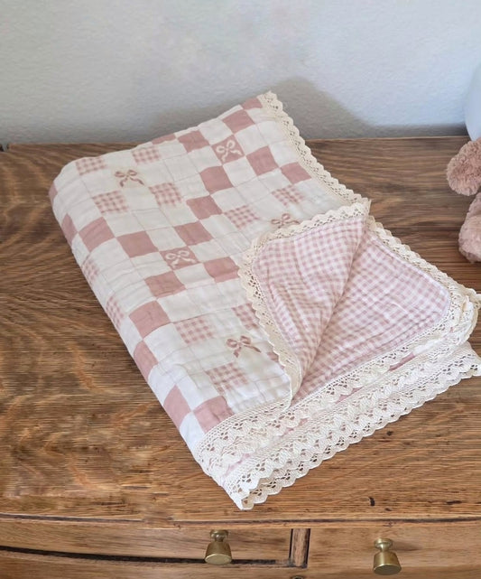 Big Kid Blanket 6 Layer Gauze QUILTED- Pink Bows and Gingham