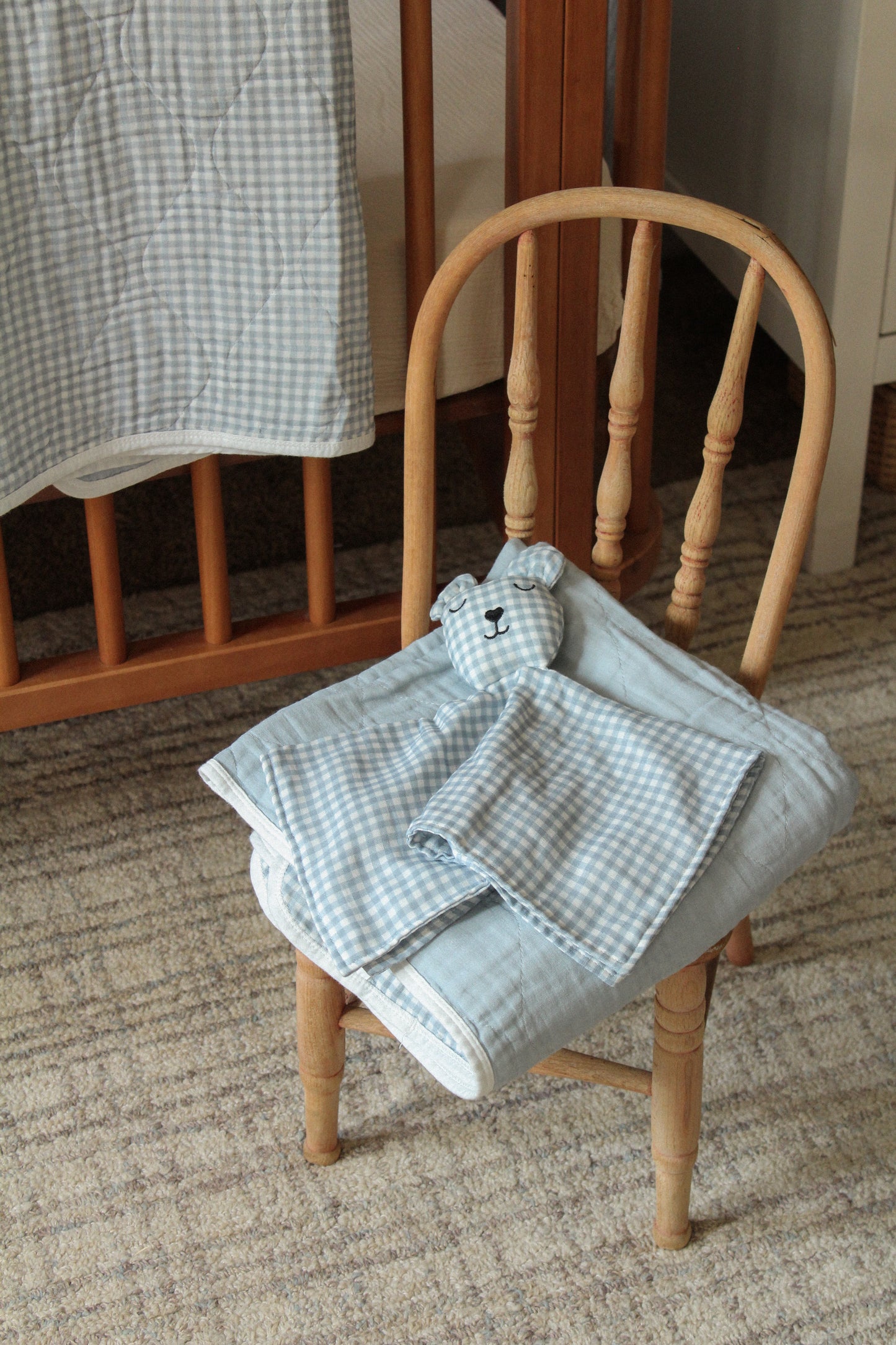 Dusty Blue Solids + Gingham Blanket + Bear Lovey SET
