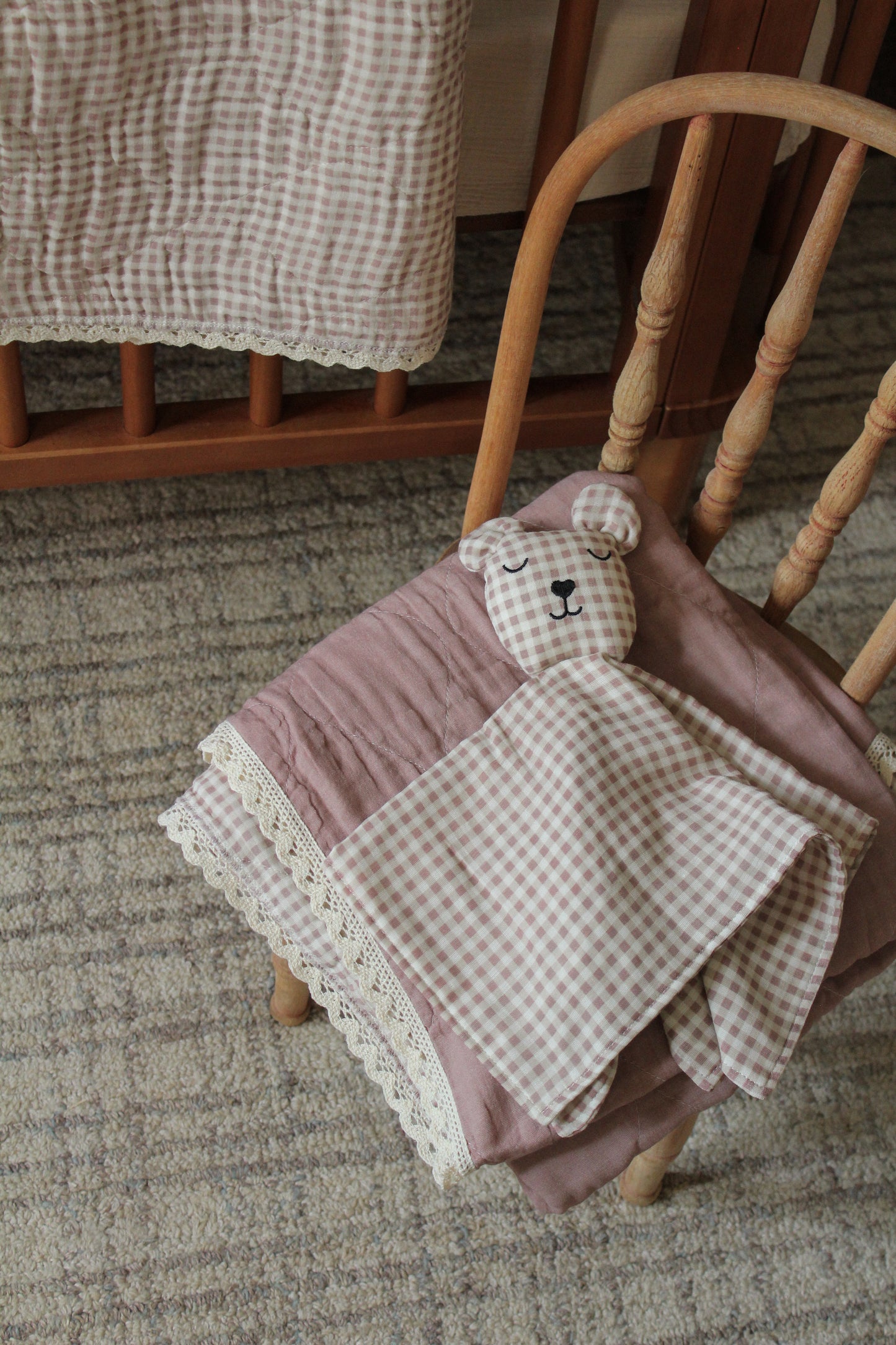 Mauve Solids + Gingham Blanket + Bear Lovey SET