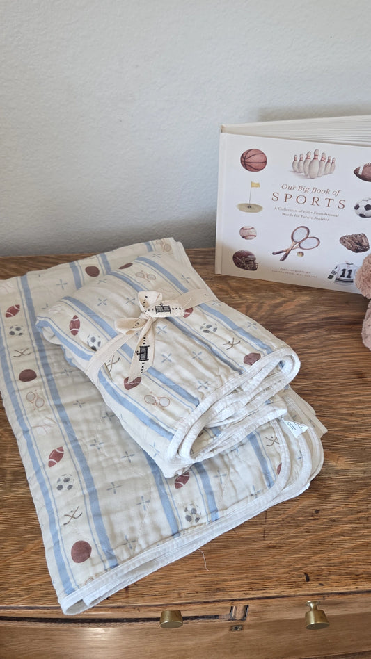 Big Kid Blanket 6 Layer Gauze QUILTED- Vintage Sports