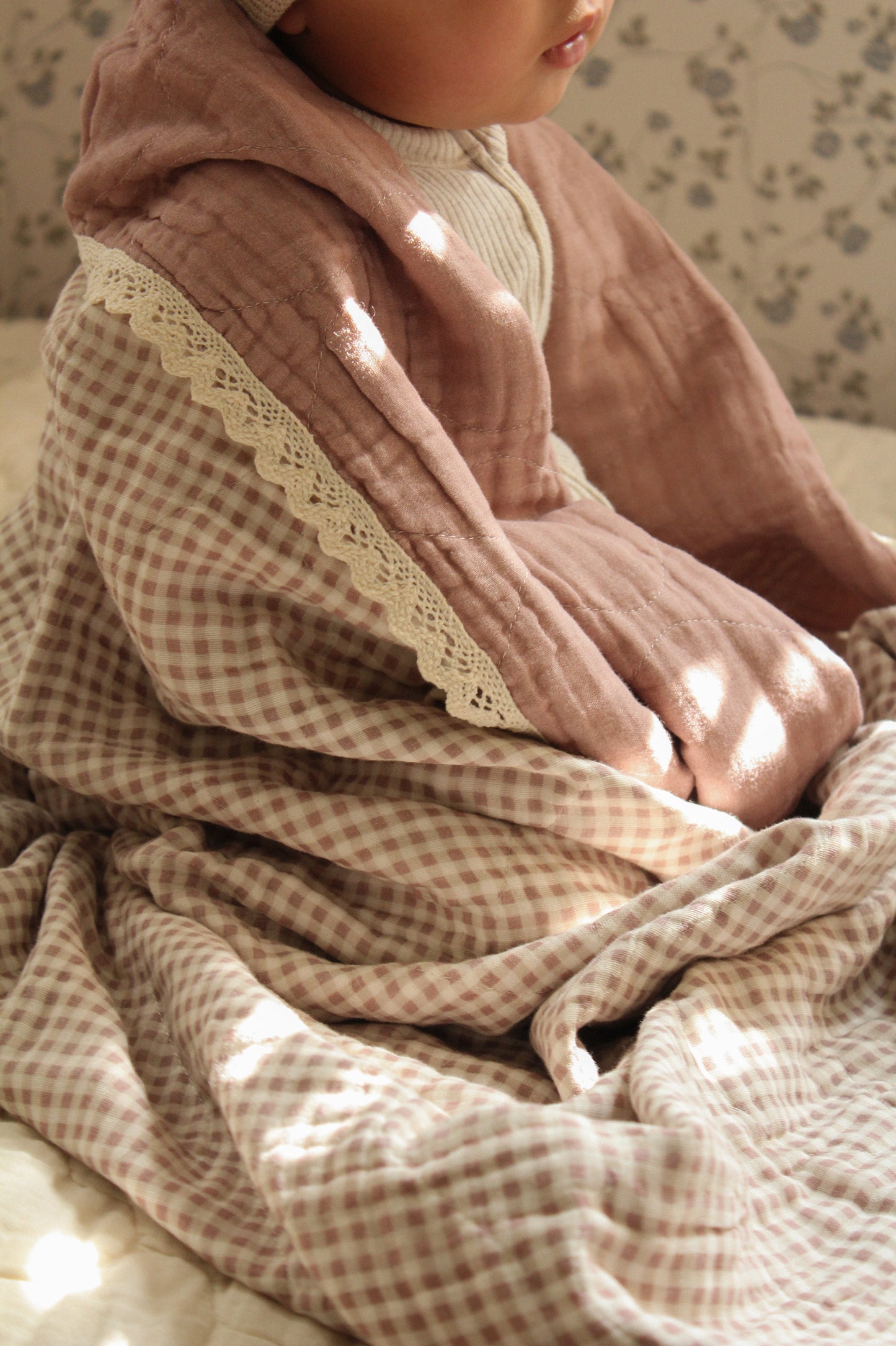 Mauve Solids + Gingham QUILTED 6 Layer Gauze Blanket