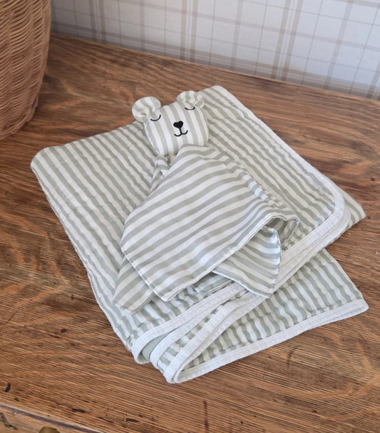 Ellis Green Stripe Quilt Blanket + Bear Lovey SET