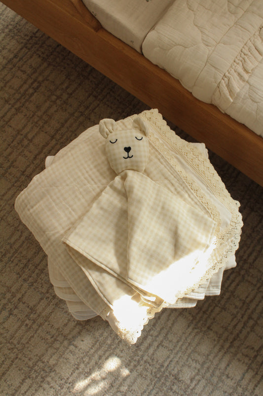 Cream Solids + Gingham Blanket + Bear Lovey SET