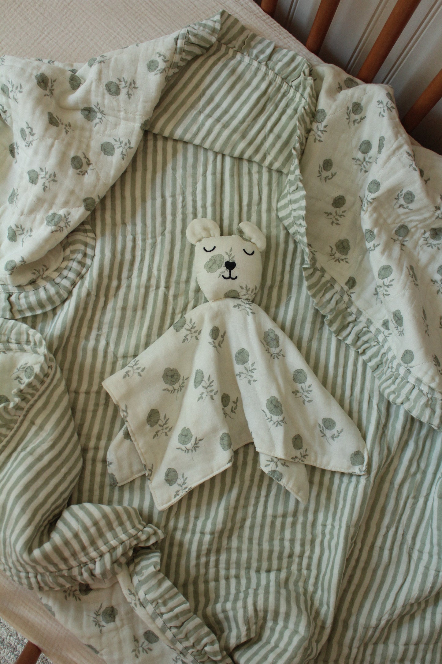 Elle Green Floral Ruffle Quilt Blanket + Bear Lovey SET