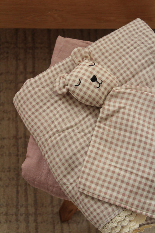 Mauve Solids + Gingham Blanket + Bear Lovey SET