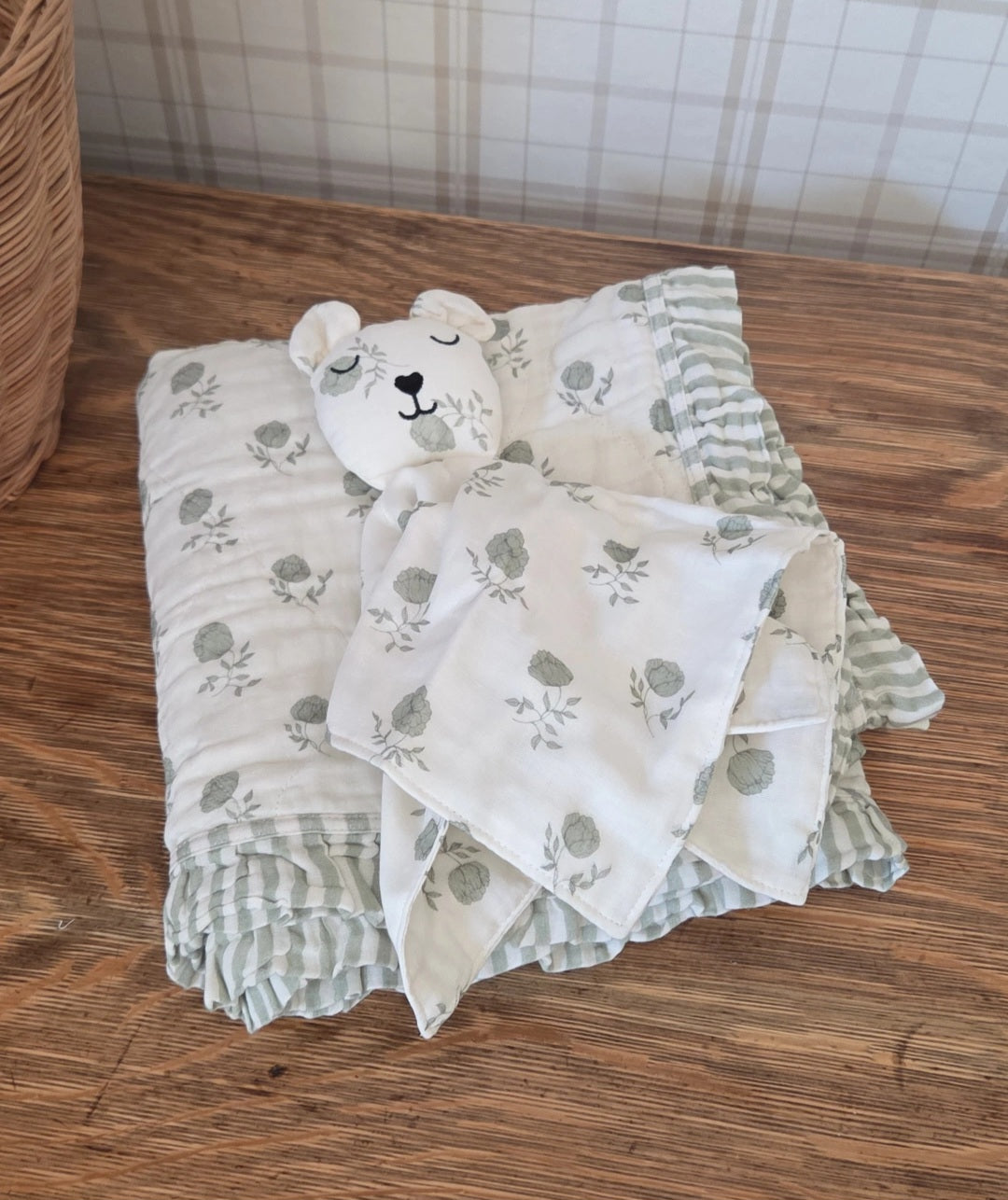 Elle Green Floral Ruffle Quilt Blanket + Bear Lovey SET