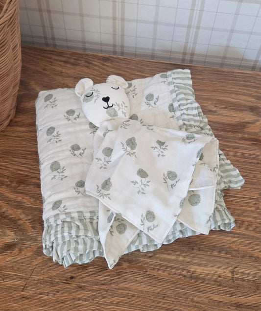 Elle Green Floral Ruffle Quilt Blanket + Bear Lovey SET