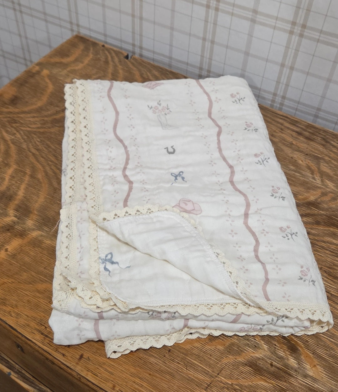 Big Kid Blanket 6 Layer Gauze QUILTED- Vintage Cowgirl