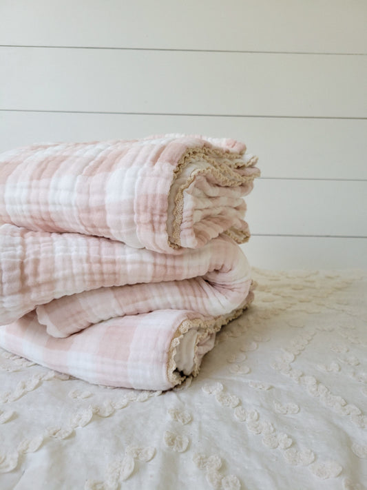 Pink Gingham 6 Layer Gauze Blanket